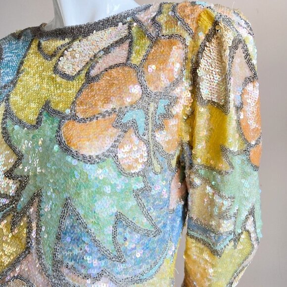 Vintage Oleg Cassini Black Tie PAstel Colours Fully Beaded Sequin Top S - Picture 4 of 10